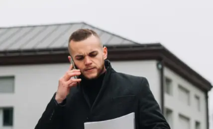 Mlad čovek razgovara na telefonu i gleda u papir