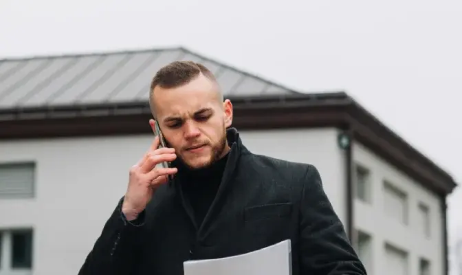 Mlad čovek razgovara na telefonu i gleda u papir