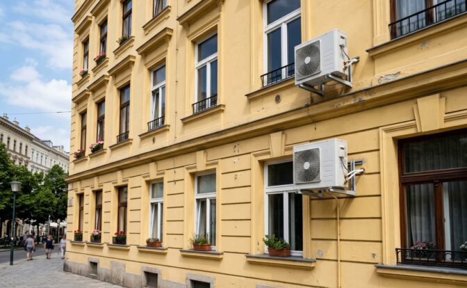 spoljna jedinica klima uređaja na fasadi zgrade