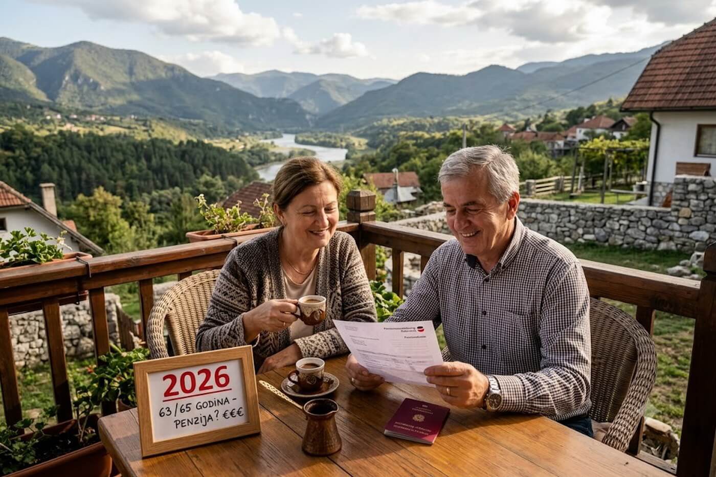 Penzioneri sede na terasi i piju kafu