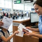 Devojčica na aerodromu drži pasoš u ruci