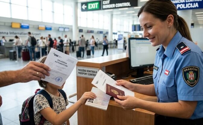 Devojčica na aerodromu drži pasoš u ruci