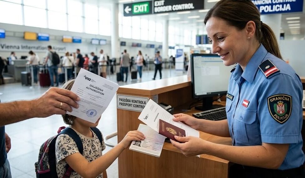 Devojčica na aerodromu drži pasoš u ruci