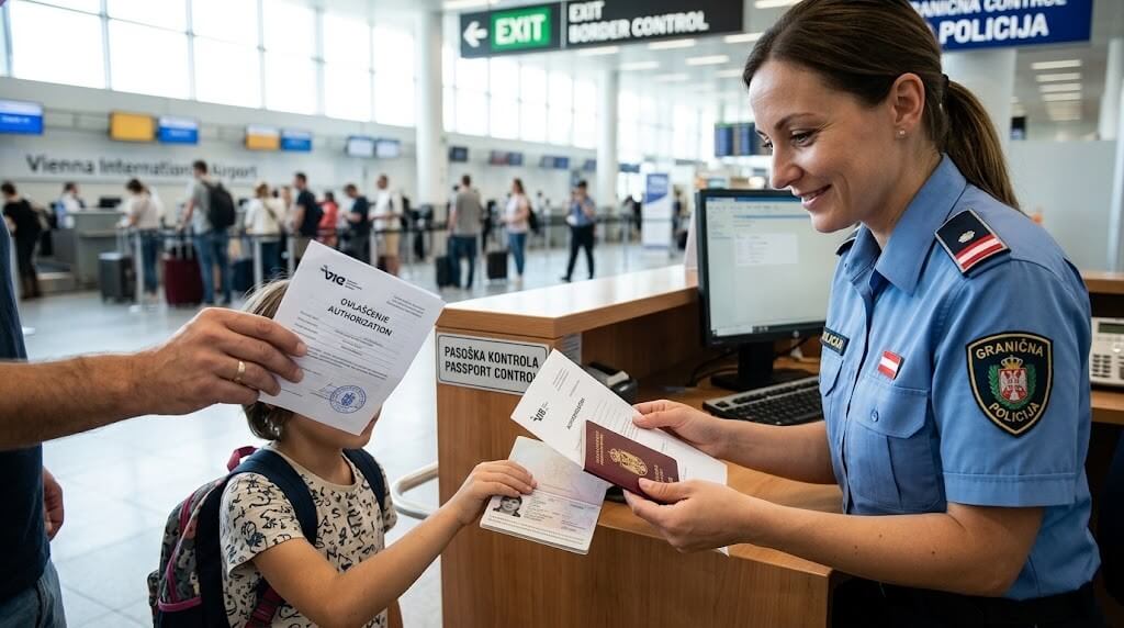 Devojčica na aerodromu drži pasoš u ruci